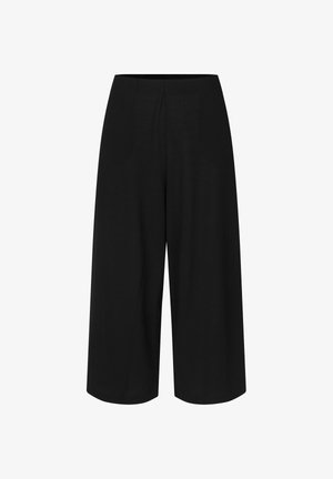 Czarne spodnie o szerokich nogawkach, skrócone, z wysokim stanem i przeszyciem z przodu, zaprojektowane dla luźnego, wygodnego dopasowania.