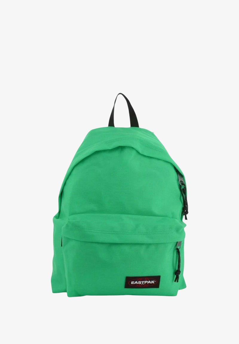 Sac à dos Eastpak vert avec curseurs de fermeture éclair noirs et une poignée de transport noire en haut.