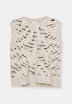 Neulepaita ilman hihoja vaaleanbeigessä sävyssä avopunoksella, pyöreällä kaula-aukolla ja ribbaushelmalla. Pehmeä pinta; rento muotoilu, joka sopii kerrokselliseen käyttöön.