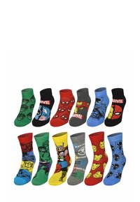 Set of 12 colorful socks featuring Marvel superheroes. Materials are soft fabric; various designs include iconic characters and logos.