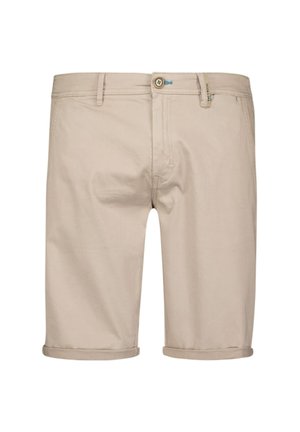 Beige katoenen shorts met een klassiek ontwerp, voorzien van een opgerolde zoom, ritsluiting en een knoopsluiting aan de voorkant met een blauwe accent.