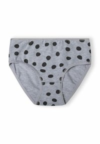 Pelēki kokvilnas apakšbikses ar melniem punktiņiem, ar gludu tekstūru un elastīgu jostasvietu, bez redzamām šuvēm vai aparatūras.