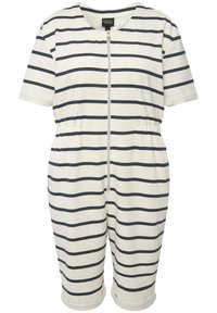 Stribet jumpsuit lavet af blød stof, med korte ærmer, lynlås foran, elastisk talje og horisontale marineblå striber på en kremfarvet baggrund.