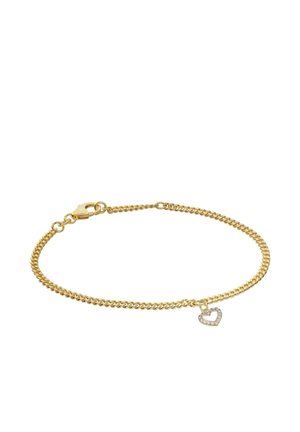Gold chain bracelet with small diamond-studded heart charm and lobster clasp on a white background.