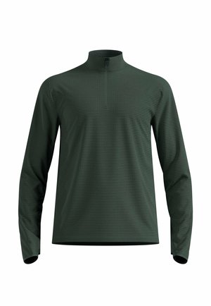 Dark green long-sleeve pullover made of textured material with a half-zip collar, featuring a fitted design and no visible logos or patterns.