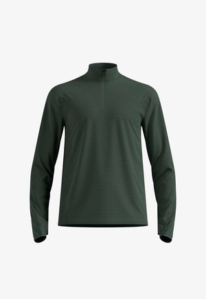 Dark green long-sleeve pullover made of textured material with a half-zip collar, featuring a fitted design and no visible logos or patterns.