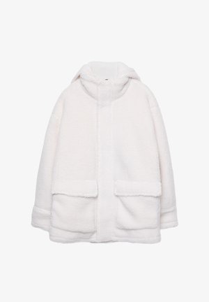 Weiße Fleecejacke mit hohem Kragen, langen Ärmeln und zwei großen Klapptaschen vorne, auf einem weißen Hintergrund gezeigt.