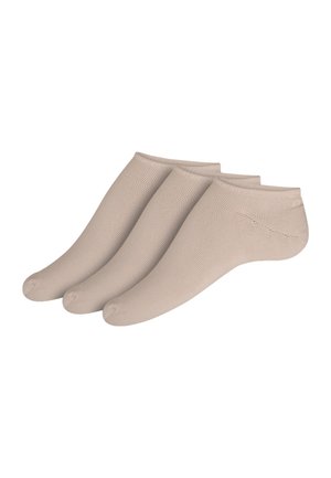 Calze alla caviglia beige, tre paia, realizzate in un mix di cotone texturizzato, con polsini a coste e cuciture della punta lisce. Nessun motivo o accentuazione.