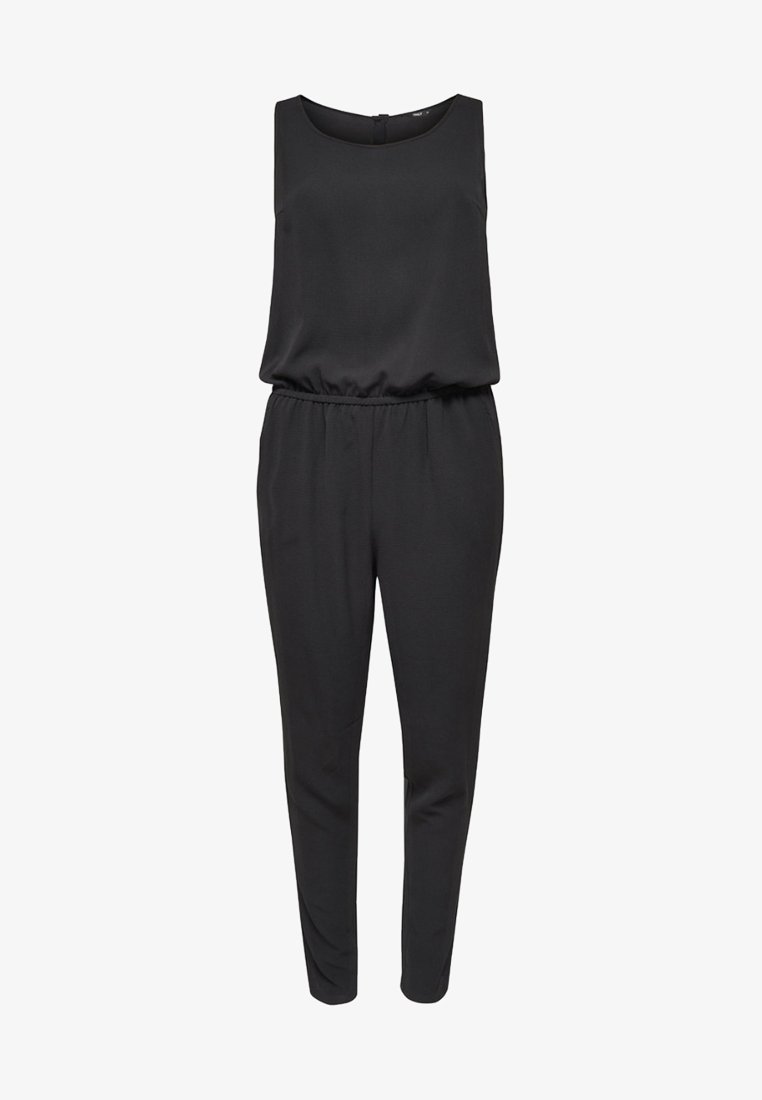 Combinaison noire sans manches avec encolure ronde, taille élastique et jambes fuselées.
