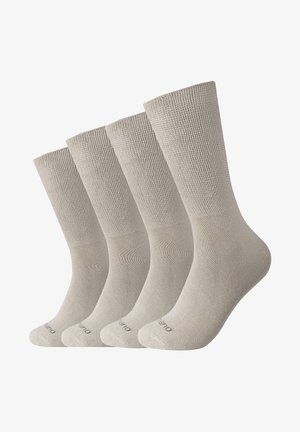 Beige bomuldsblandede sokker, ribbet tekstur, medium højde, med forstærket tå og hæl. Pakke med fire, ensartet design.