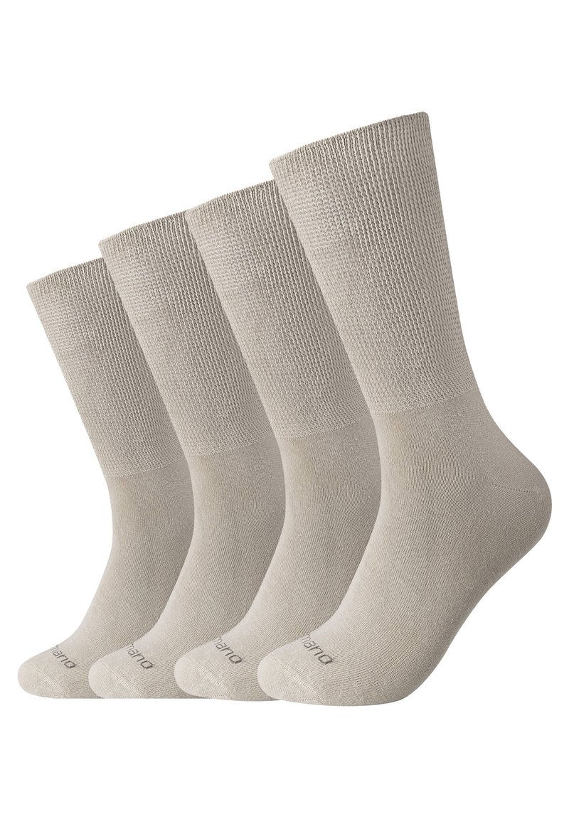 Beżowe skarpetki z mieszanki bawełny, tekstura prążkowana, średnia wysokość, z wzmocnionymi palcami i piętą. Opakowanie zawiera cztery sztuki, jednolity wzór.