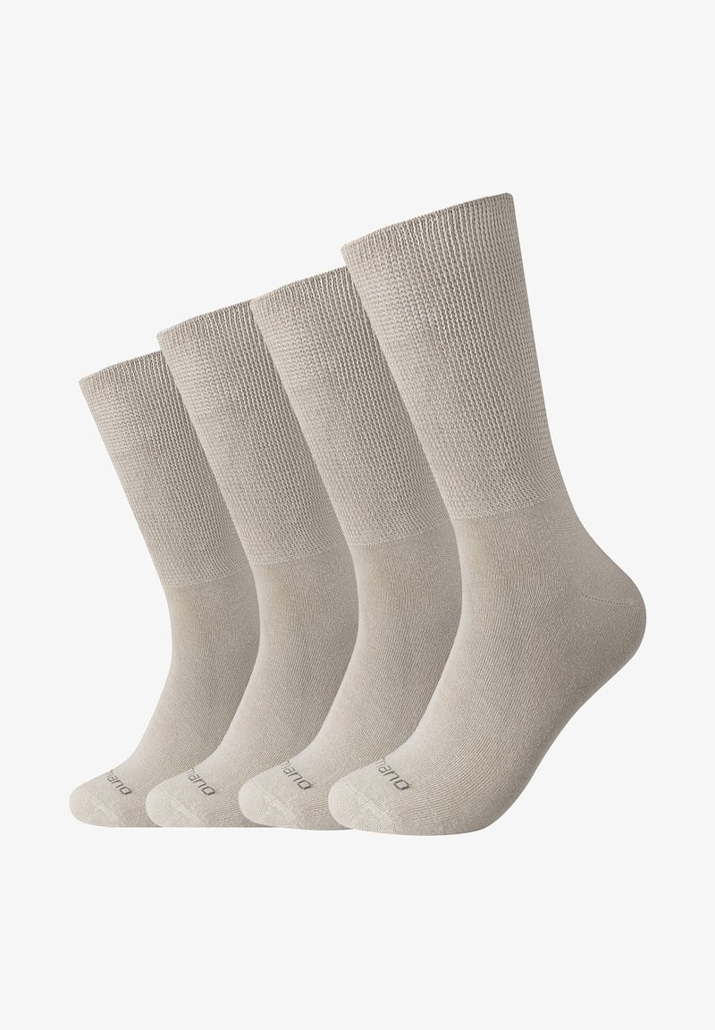 Beżowe skarpetki z mieszanki bawełny, tekstura prążkowana, średnia wysokość, z wzmocnionymi palcami i piętą. Opakowanie zawiera cztery sztuki, jednolity wzór.