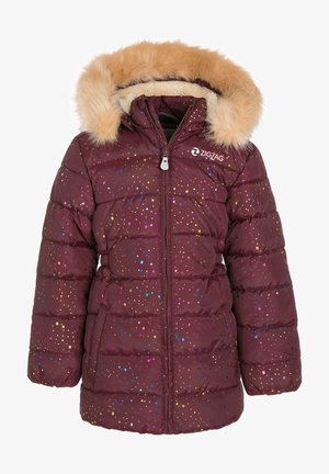 Giacca a vento bordeaux con cappuccio in pelliccia sintetica. Presenta motivi quadrati colorati, chiusura con zip e logo a zigzag sul petto.