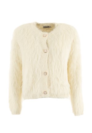 Cardigan peloso di colore crema, con scollo rotondo, maniche lunghe e cinque grandi bottoni rotondi di un leggero oro sulla parte anteriore.