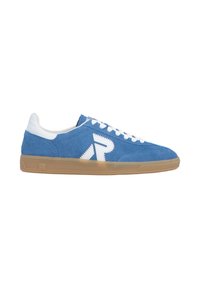 Blue suede sneakers with white accents, a rubber gum sole, and lace-up design featuring a stylized logo on the side.