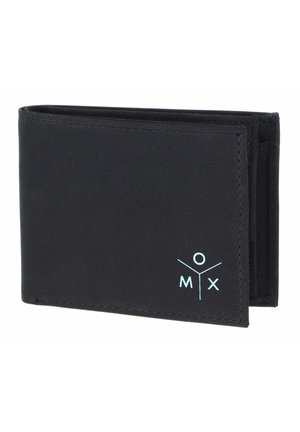 Portefeuille noir bifold avec logo "M O X" bleu clair en police stylisée dans le coin inférieur droit, présenté légèrement ouvert.