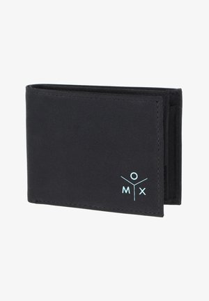 Portefeuille noir bifold avec logo "M O X" bleu clair en police stylisée dans le coin inférieur droit, présenté légèrement ouvert.