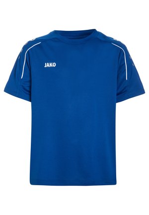 Blaues Sport-T-Shirt aus atmungsaktivem Material. Mit Rundhalsausschnitt, kurzen Ärmeln und weißen Akzenten an den Schultern. Markenlogo "JAKO" aufgedruckt.