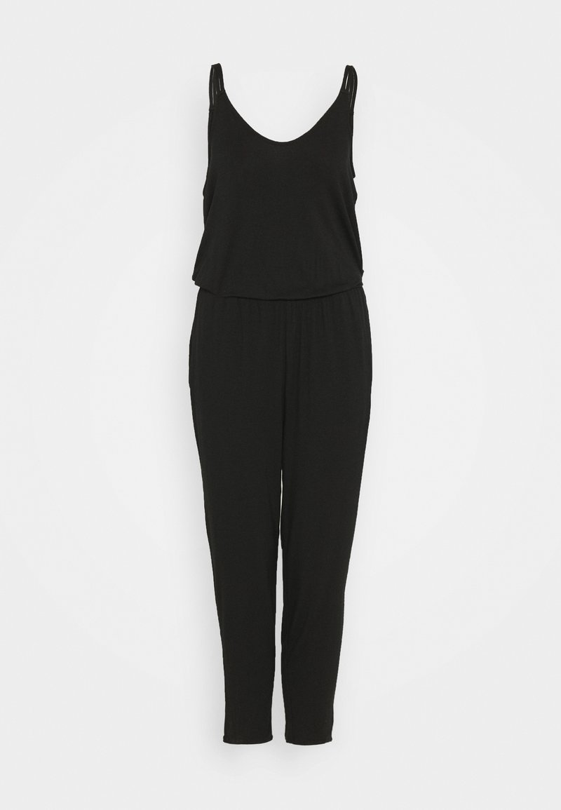 Combinaison noire sans manches avec décolleté en V, taille élastique et jambes fuselées sur un fond blanc uni.
