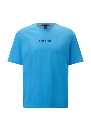 Modré bavlněné tričko s kulatým výstřihem a krátkými rukávy, se středovým černým potiskem loga "FIRE + ICE". Hladká textura.