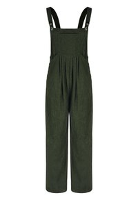 Groene corduroy tuinbroek met verstelbare banden, een zak aan de voorkant, geplooid ontwerp en wijde benen. Zachte textuur en een relaxte pasvorm.