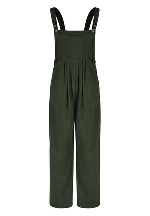 Salopette en velours côtelé vert avec bretelles ajustables, poche avant, design plissé et jambes larges. Texture douce et coupe décontractée.