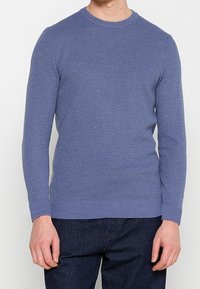 Lichtblauwe gebreide trui met een ronde hals, lange mouwen, gestructureerde stof en geribbelde manchetten en zoom, gedragen over een donkere spijkerbroek.