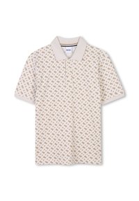 Polo à manches courtes couleur beige clair avec un motif en losange et un col sombre contrastant. Doté d'une patte de boutonnage et d'une texture douce.