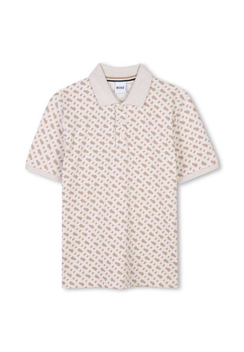 Polo à manches courtes couleur beige clair avec un motif en losange et un col sombre contrastant. Doté d'une patte de boutonnage et d'une texture douce.