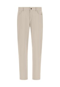 Beige, slim-fit bukser lavet af glat stof. Har for- og baglommer, knaplukning og bæltestropper. Lodrette sømme forbedrer formen.