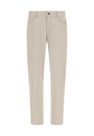 Pantalons beige ajustés en tissu lisse. Comprend des poches avant et arrière, une fermeture à bouton et des passants de ceinture. Les coutures verticales mettent en valeur la silhouette.