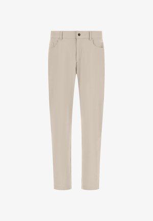Beige, slim-fit pantalon van gladde stof. Voorzien van voor- en achterzakken, ritssluiting en riemlussen. Verticale naden benadrukken de vorm.