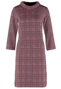 Mekko, jossa on korkeakauluspanta, burgundinvärisestä kankaasta ja jota koristaa houndstooth-kuvio, kolmanneksen mittaisilla hihoilla ja suoralinjaisella leikkauksella.