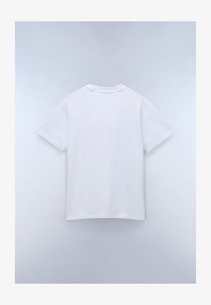 Weißes T-Shirt mit kurzen Ärmeln und Rundhalsausschnitt. Glattes Baumwollmaterial, normale Passform und keine sichtbaren Muster oder Grafiken auf der Rückseite.