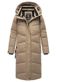 Long beige puffer coat with a hood, featuring a quilted design, black accents, front zipper, and side pockets with zippers.