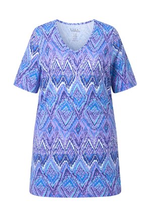 Kortærmet V-hals tunika med lilla og blå geometrisk diamantmønster og afslappet pasform.