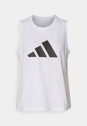 Valkoinen hihaton urheilupaita, jossa on pyöreä kaula-aukko. Edessä on suuri musta Adidas-logo, joka koostuu kolmesta raidasta.