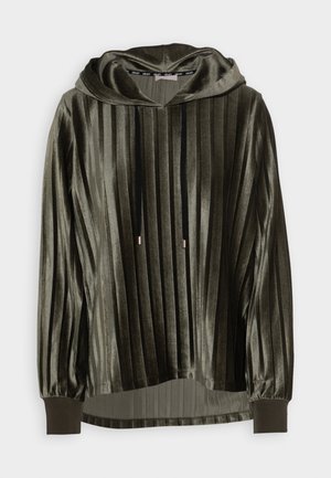 Hoodie in velluto verde con pieghe verticali, cappuccio con coulisse, maniche lunghe e polsini a costine. Presenta un orlo inferiore trasparente.