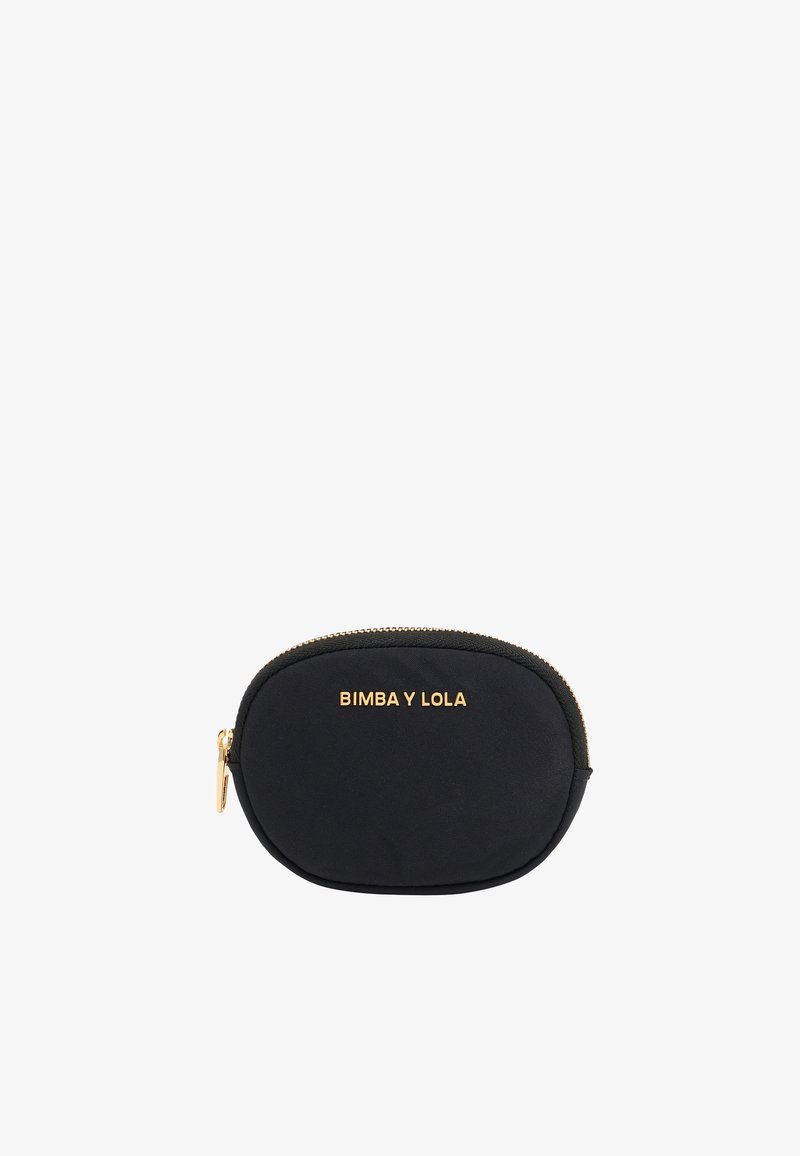 Black fabric pouch with gold zippers and "BIMBA Y LOLA" logo. Rounded oval shape with smooth texture and minimalistic design.