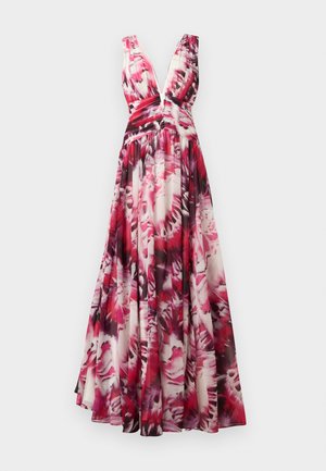 Φόρεμα έως το πάτωμα χωρίς μανίκια, με βαθύ V λαιμόκοψη, εφαρμοστή μέση και ροϊκή φούστα με αφηρημένο λουλουδάτο μοτίβο σε κόκκινο, ροζ, μαύρο και λευκό.