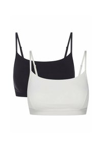 Dwa bezszwowe biustonosze w kolorze czarnym i białym, wykonane z gładkiego materiału, z regulowanymi ramiączkami i zaokrąglonym dekoltem.