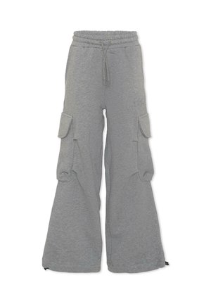 Pantalons de survêtement gris avec une coupe décontractée, taille élastique et cordon de serrage ajustable. Présente deux grandes poches cargo latérales et des zippers aux poignets.