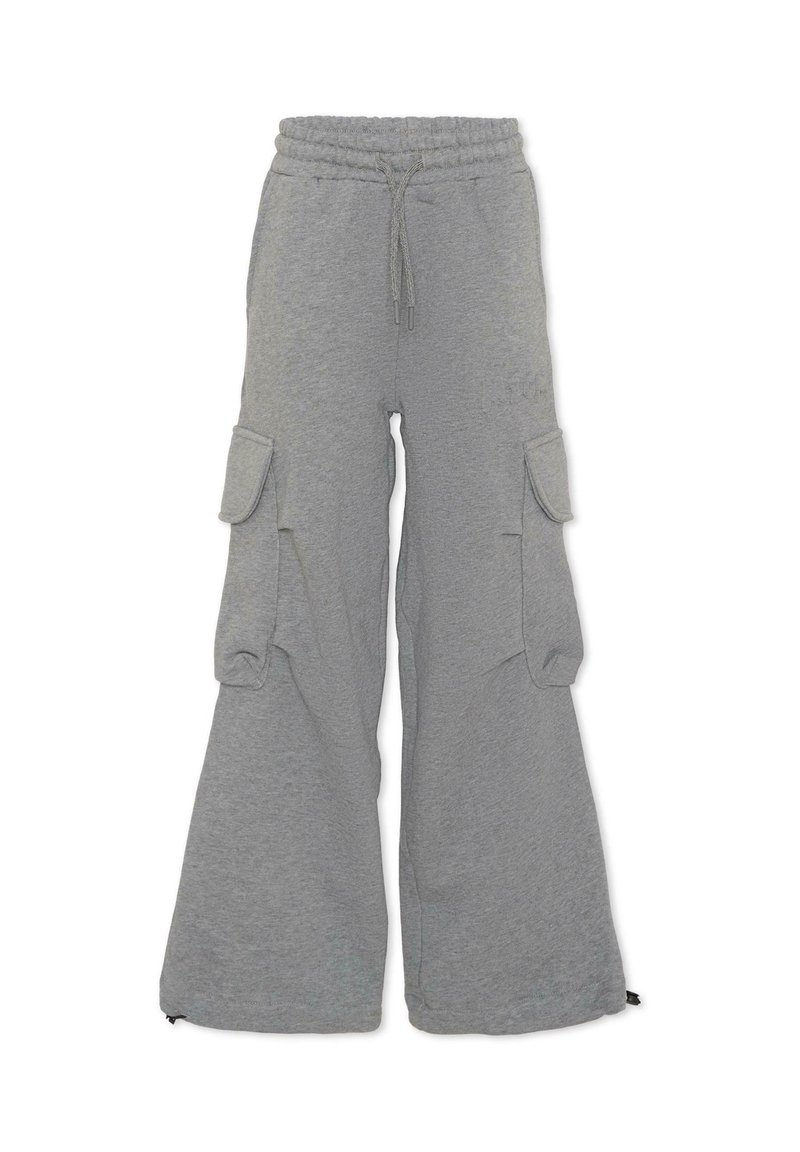 Grijze sweatpants met een ontspannen pasvorm, elastische tailleband en verstelbaar trekkoord. Beschikt over twee grote zijvakjes en ritsen bij de boorden.