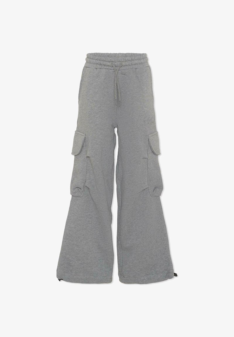 Grijze sweatpants met een ontspannen pasvorm, elastische tailleband en verstelbaar trekkoord. Beschikt over twee grote zijvakjes en ritsen bij de boorden.