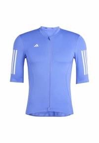 Maglia da ciclismo blu a maniche corte, con zip frontale, tessuto testurizzato e branding a tre strisce bianche su entrambe le maniche.