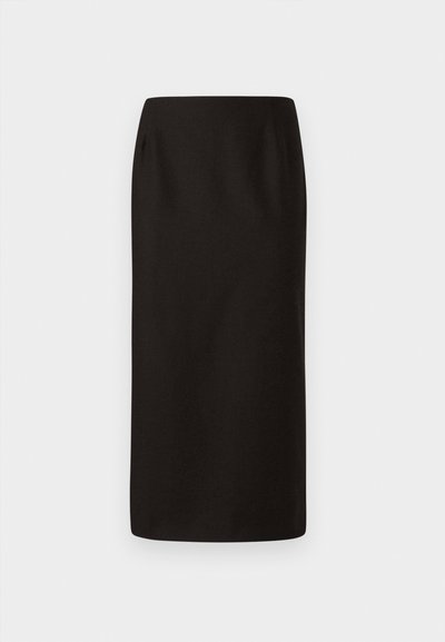 Sort blyantskjørt, skræddersyet design, glat tekstur, knælangt, med subtile syninger og ingen synlig hardware eller mønstre.