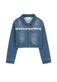 Kurzjacke aus mittlerer blauer Denim mit Spitzenbesatz über der Brust, Knopfleiste und zwei Brusttaschen vorne.