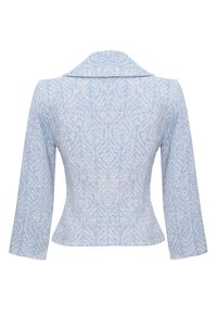 Niebieska kurtka o fakturowej strukturze z wzorzystym splotem, posiadająca długie rękawy i kołnierz z wycięciem. Dopasowany krój z lekko rozszerzonym dołem.