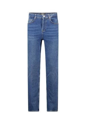 Denim jeans, medium blue wash, straight-leg design, five pockets, button and zip fly closure, light fading accents on the thighs.