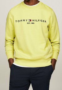 Světlounce žlutá mikina s kulatým výstřihem, s logem "TOMMY HILFIGER EST. 1985" vyšitým černou a červenou nití. Žebrované manžety a lemy.